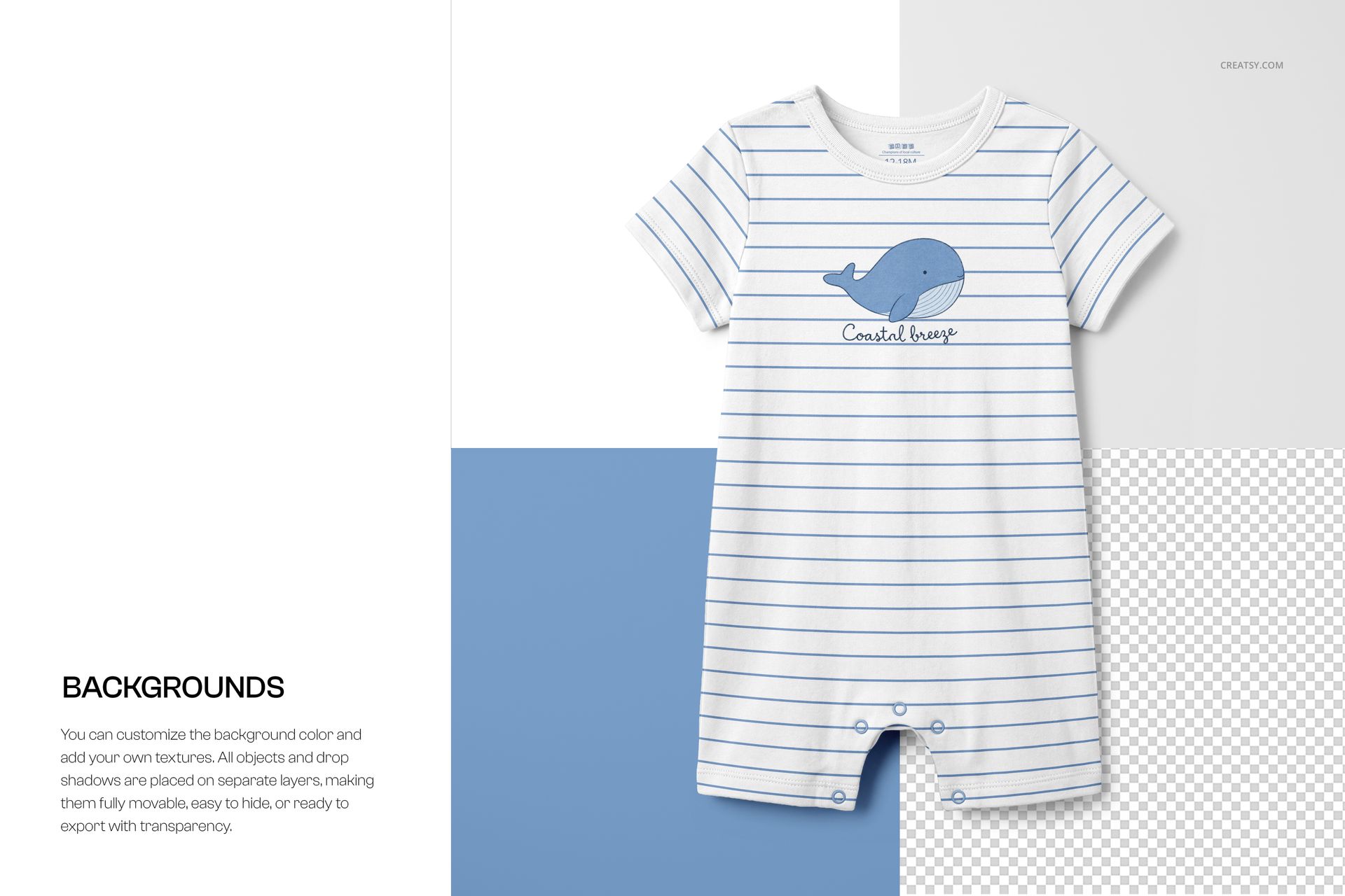 Front view of a baby romper suit mockup with thin blue stripes and a blue whale graphic on a white background.
