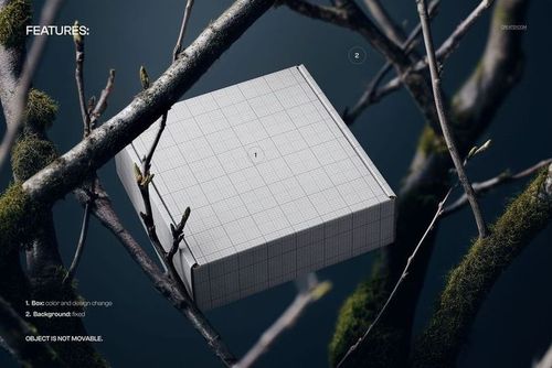 Square mailing box mockup with a grid pattern, shown in a front angle view, resting on mossy tree branches.