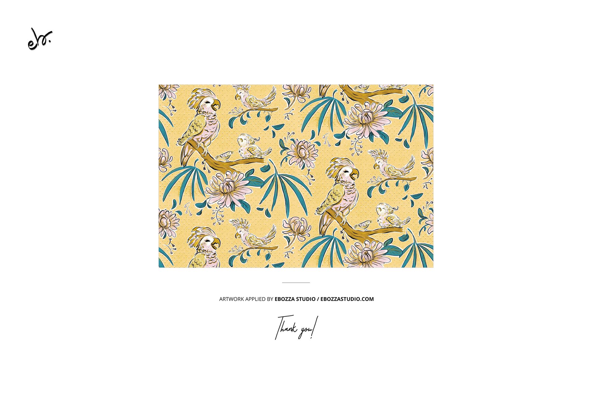 Rectangular section of baby dress mockup featuring a yellow background with illustrated parrots, leaves, and flowers.
