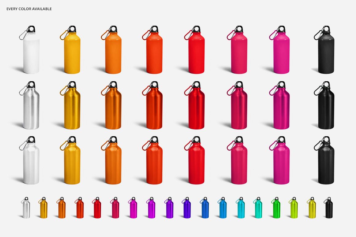 Mockup of colorful aluminum water bottles with carabiner caps, displayed in an organized grid on a plain white surface.