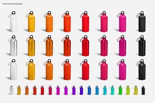 Mockup of colorful aluminum water bottles with carabiner caps, displayed in an organized grid on a plain white surface.