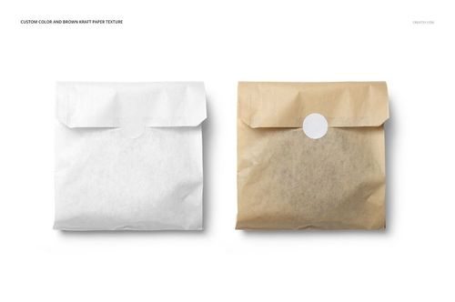 Mockup of snack paper bags in white and kraft brown, both closed with circular white stickers, on a plain background.