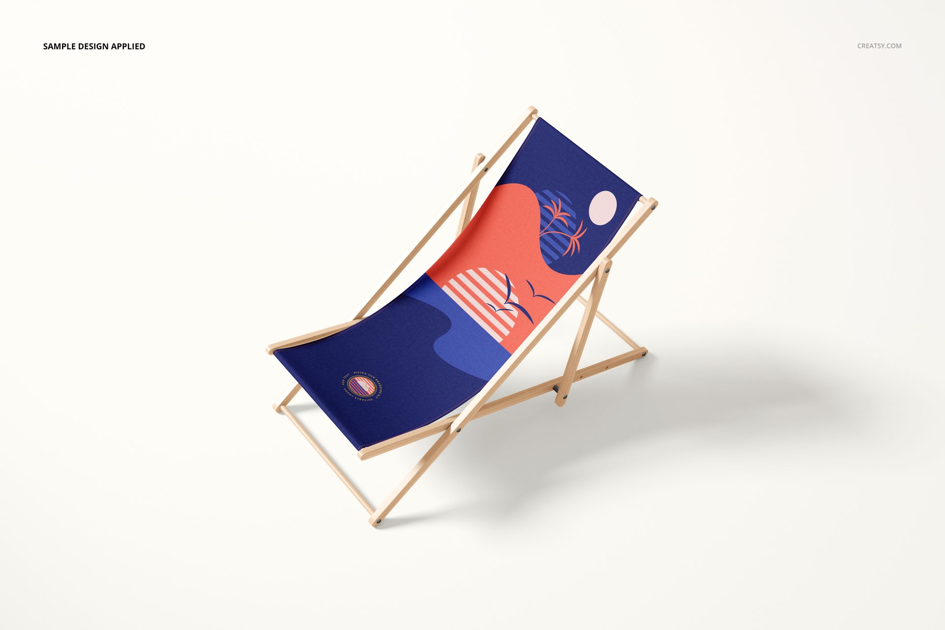 Mockup of a folding deck chair featuring a colorful abstract design, shown from a front-side perspective on white.