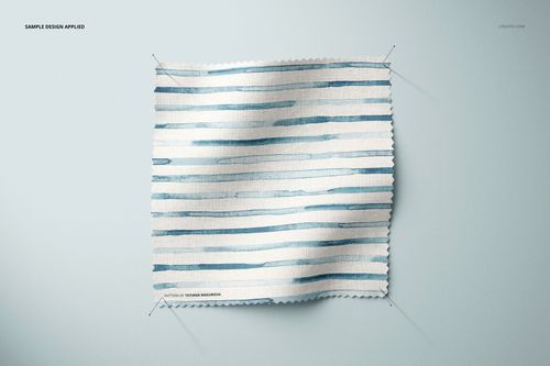 Front view of a square fabric swatch mockup pinned at corners, featuring blue horizontal stripes on a light background.