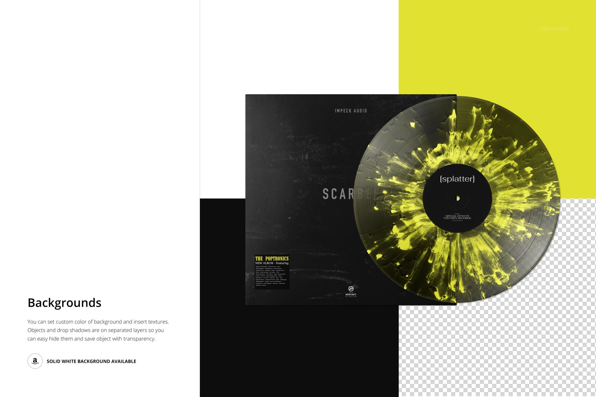 Vinyl record with vivid yellow and black splatter design resting on a dark cover, displayed on a mockup background.