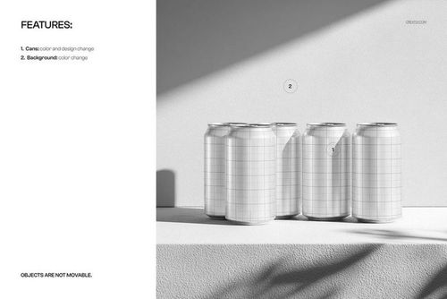 PSD mockup featuring a collection of blank soda cans arranged in a row, illuminated by diagonal sunlight.