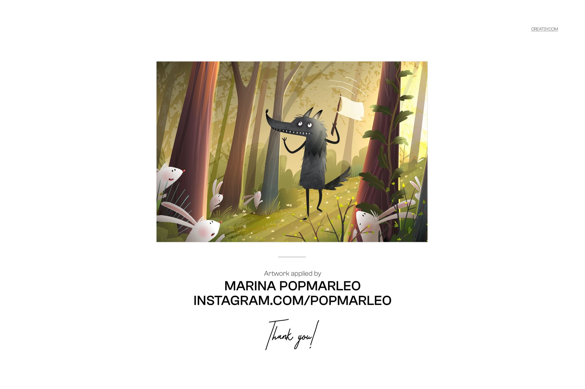 Cardboard baby book mockup showing a woodland scene with a cartoon wolf holding a sign, surrounded by trees and plants.
