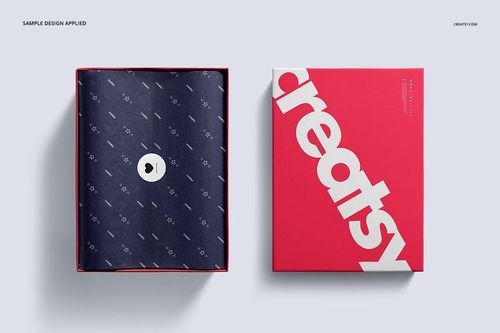 Top view of a shoe box mockup set with a red lid featuring bold white text and a patterned navy blue interior wrapping.