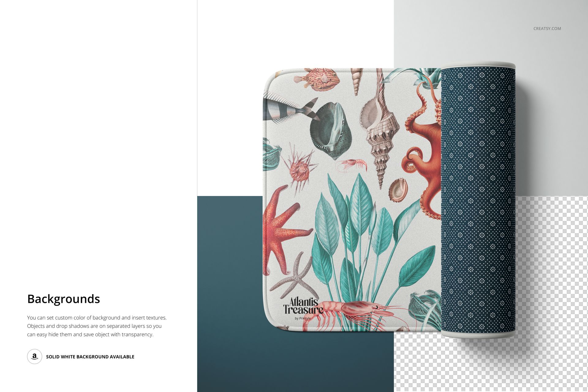 Top view of a rectangular microfiber bath rug mockup with a botanical and ocean-themed pattern, partially rolled on a geometric background.