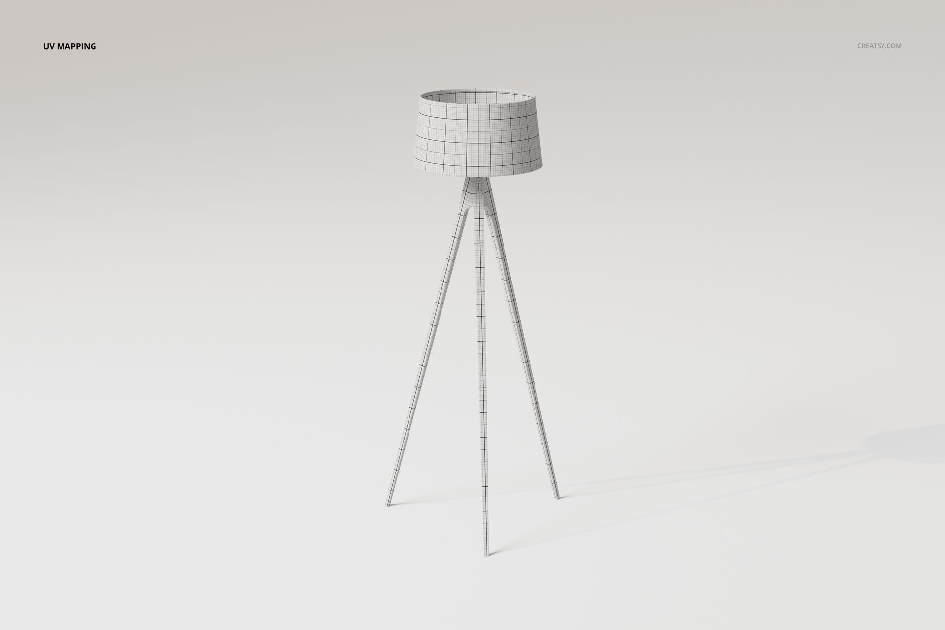 Tripod floor lamp 3D model with a cylindrical shade and three slender legs, shown in a front view on a plain background.