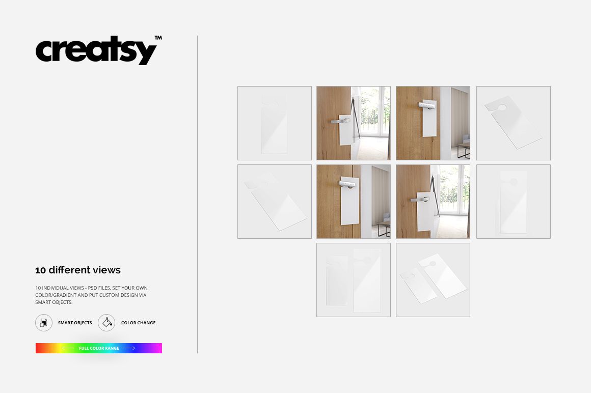 Set of door hangers mockup in various positions and angles, displayed on wooden and white doors with a neutral background.
