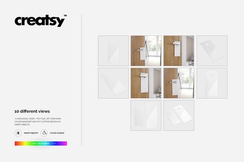 Set of door hangers mockup in various positions and angles, displayed on wooden and white doors with a neutral background.