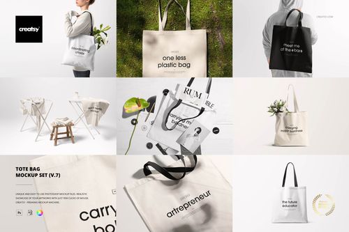 Collage of tote bag mockups featuring various minimalist text designs, shown in different settings and angles.