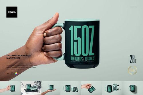 PSD mockup of a 15oz mug in a hand, displaying a modern text pattern and surrounded by smaller mug view thumbnails below.