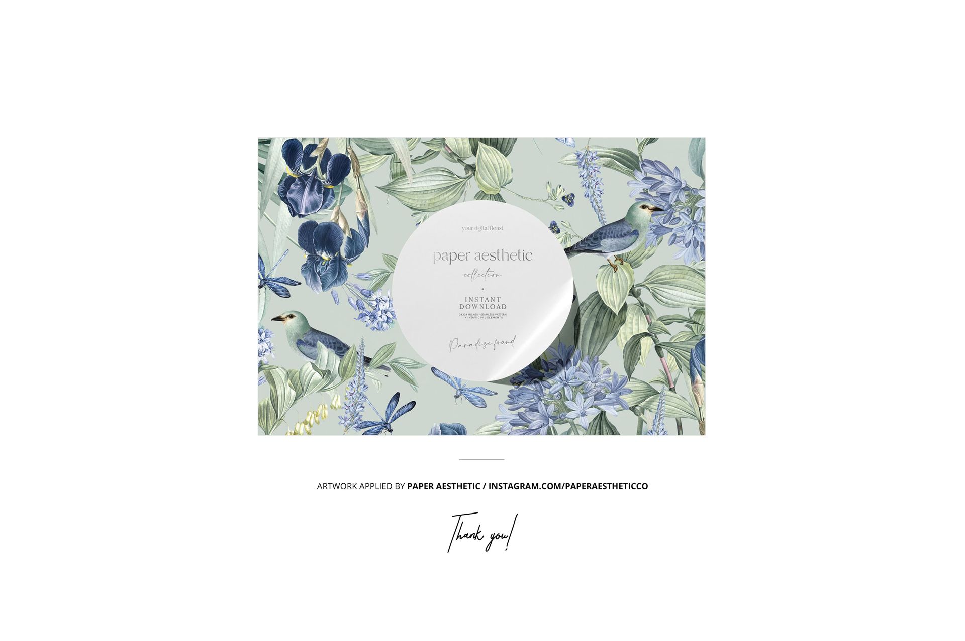 Jersey fabric mockup with a botanical and bird pattern in blue and green tones, shown from a front view.