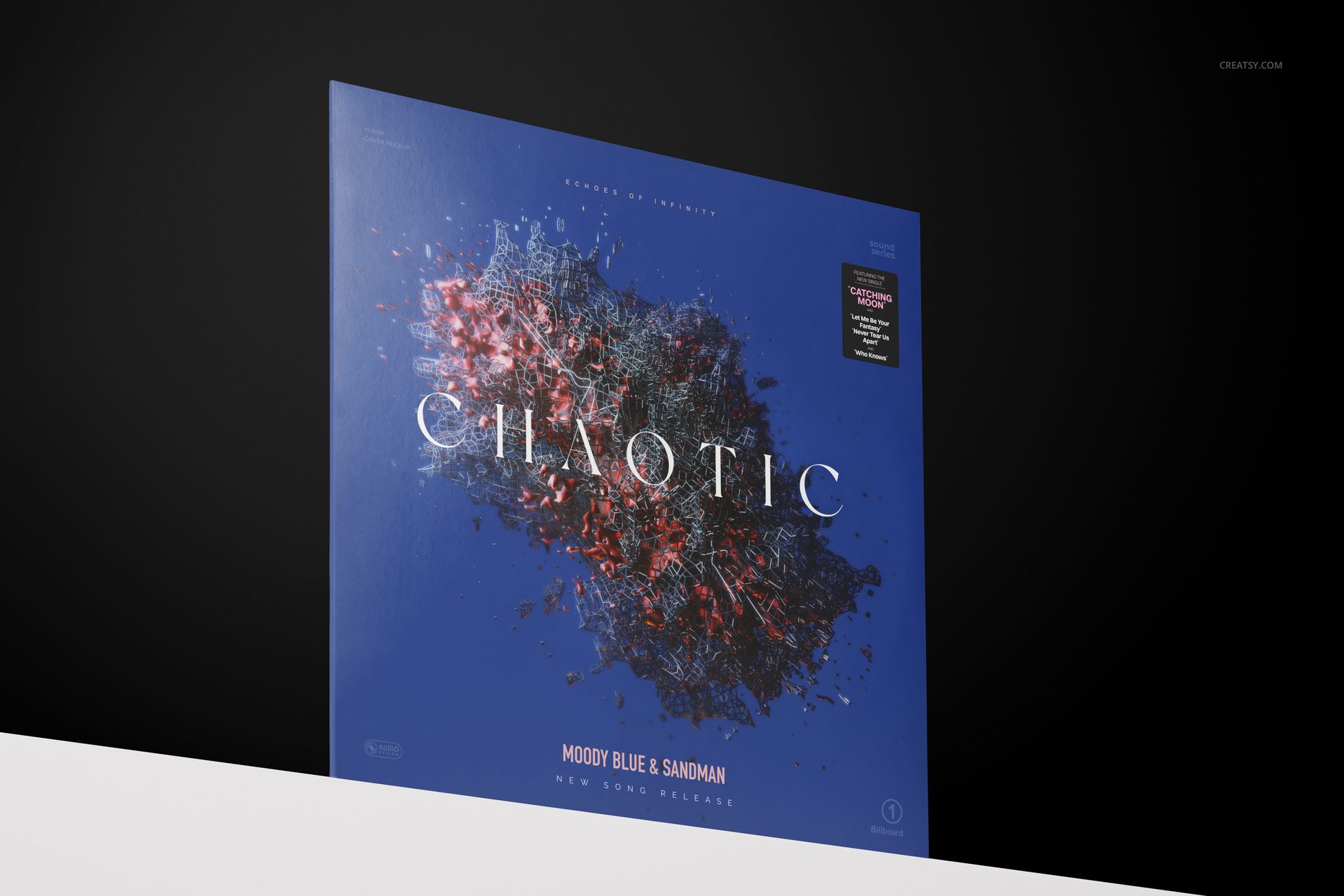 Front view of a colored vinyl record mockup with a blue cover, abstract artwork, and white text on a dark background.