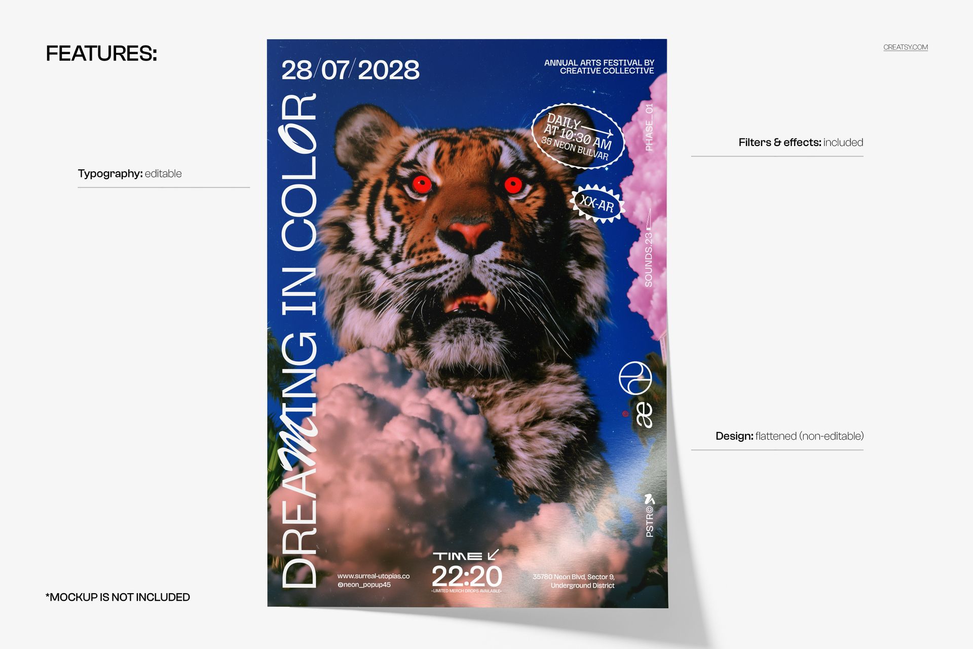 Front view of a poster mockup featuring a surreal tiger with vivid orange eyes surrounded by pink clouds on a blue sky.