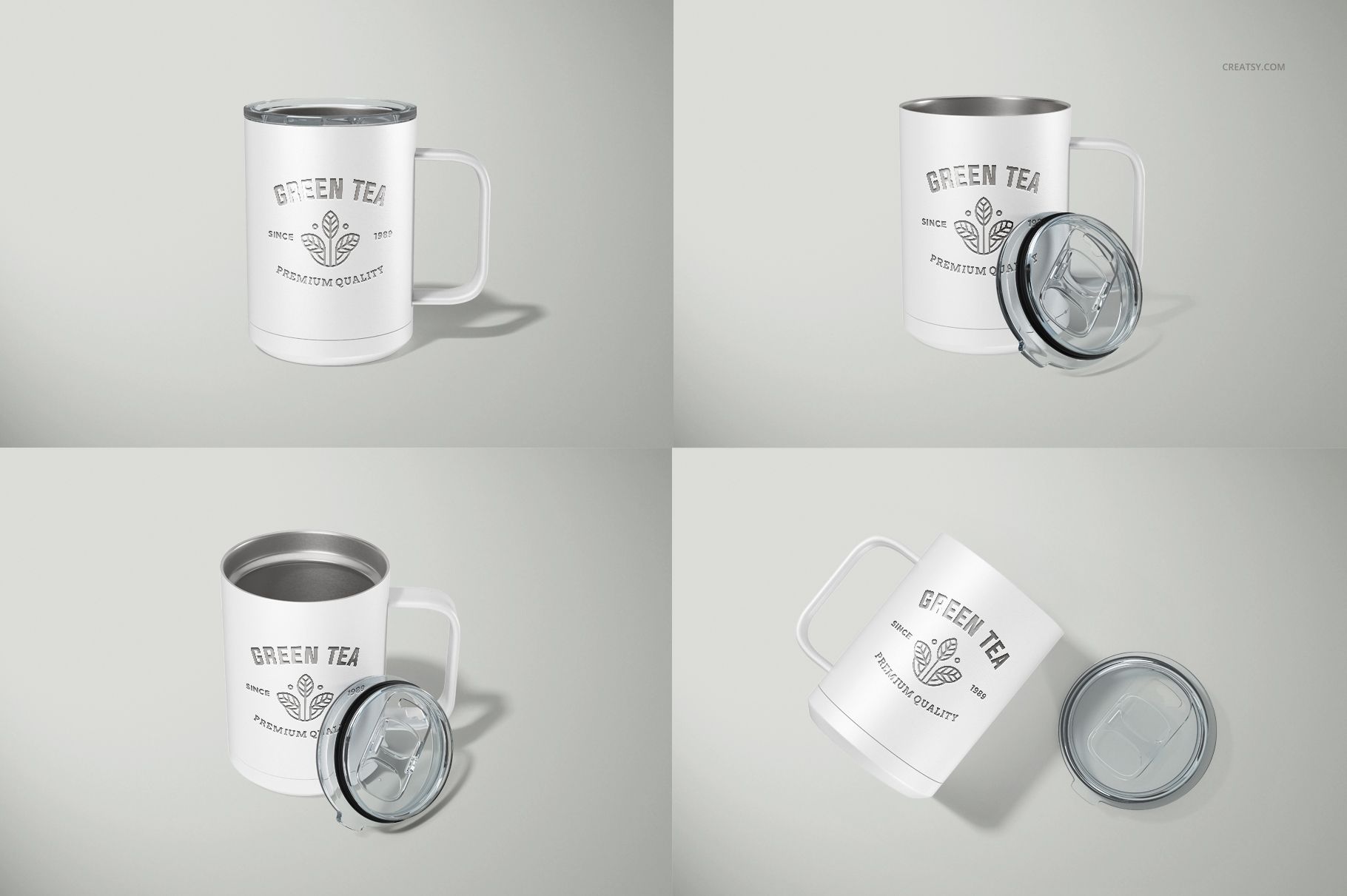 Four white camp coffee mugs with metal rims and clear lids displayed in various angles on a light background.