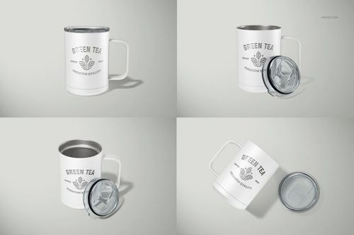 Four white camp coffee mugs with metal rims and clear lids displayed in various angles on a light background.