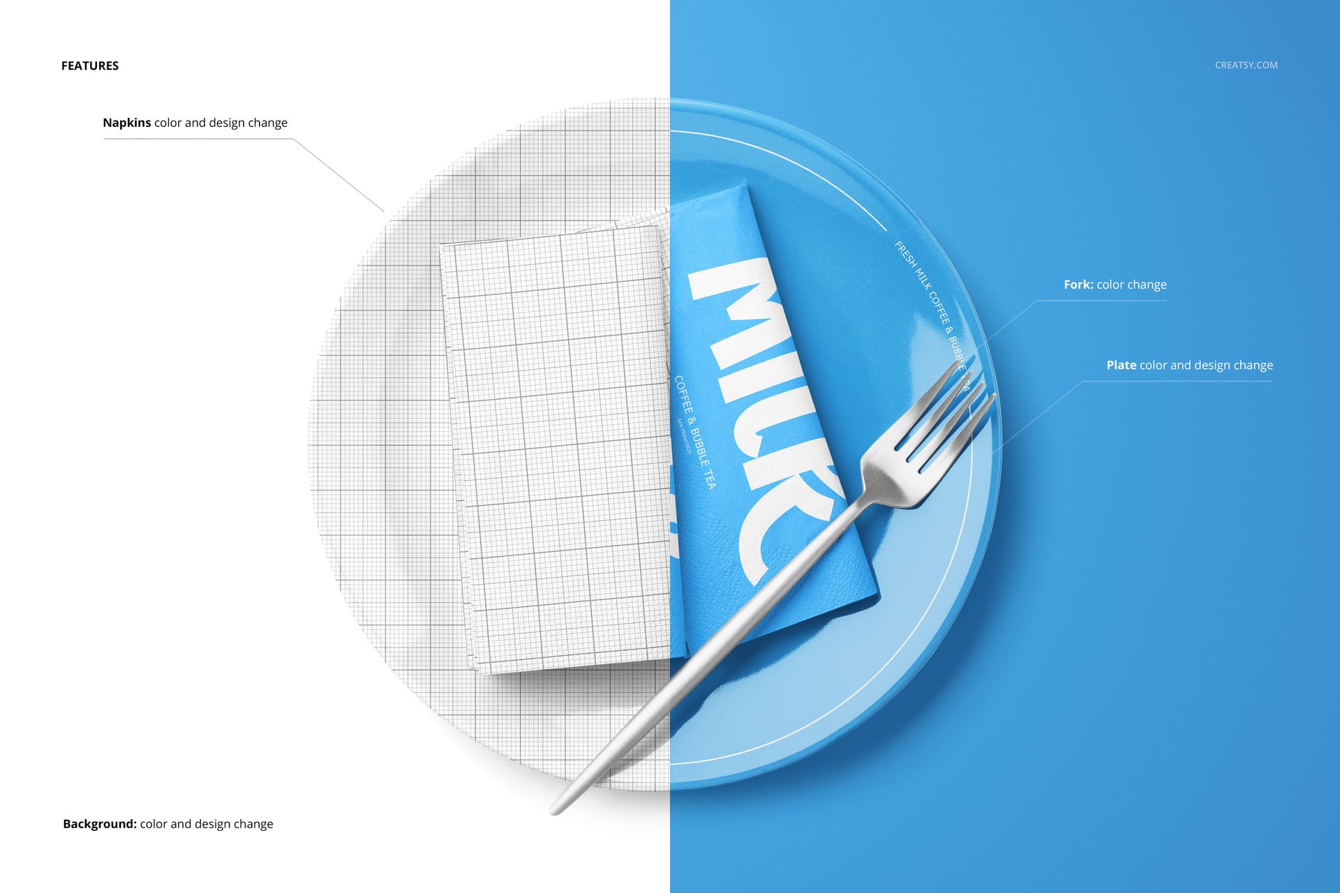 Mockup showing a split scene with a white grid napkin and a blue napkin with text, each on clear plates and different backgrounds.