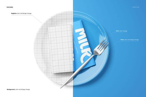 Mockup showing a split scene with a white grid napkin and a blue napkin with text, each on clear plates and different backgrounds.