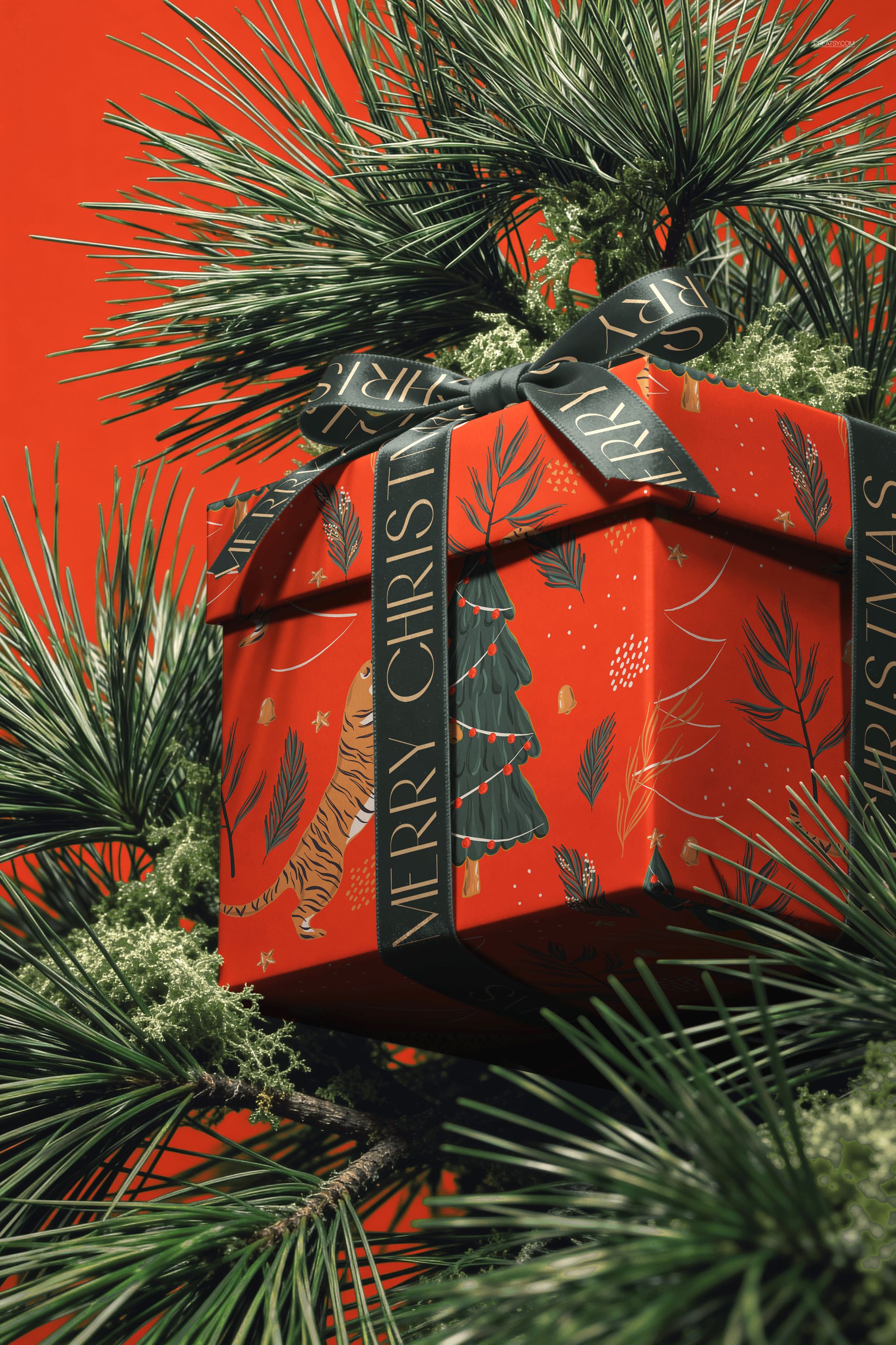 Christmas gift box mockup with a dark green ribbon, festive patterns, and tiger illustration, nestled in pine branches.