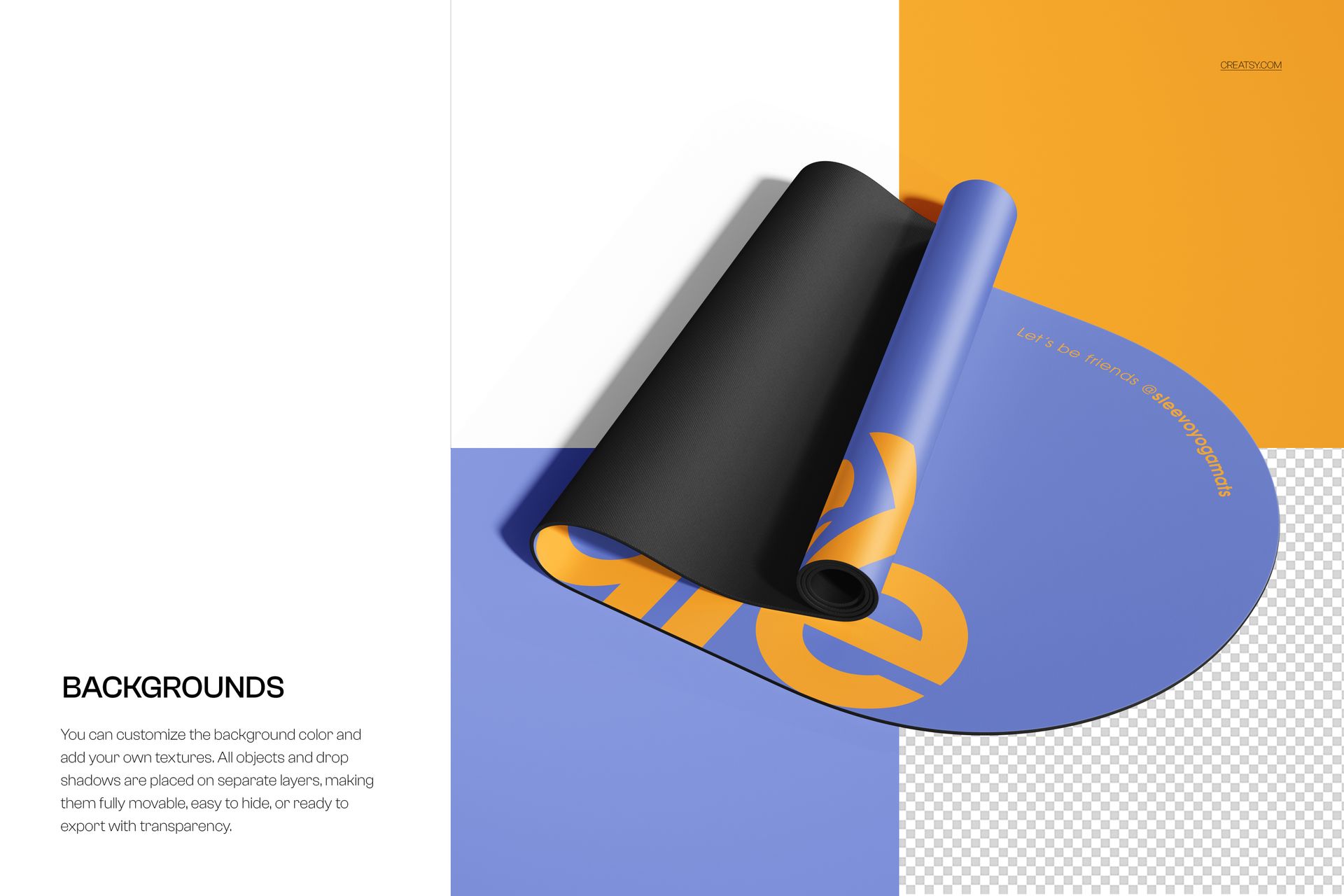PSD mockup of an oval yoga mat, partially rolled, showing black and blue surfaces with orange lettering details.