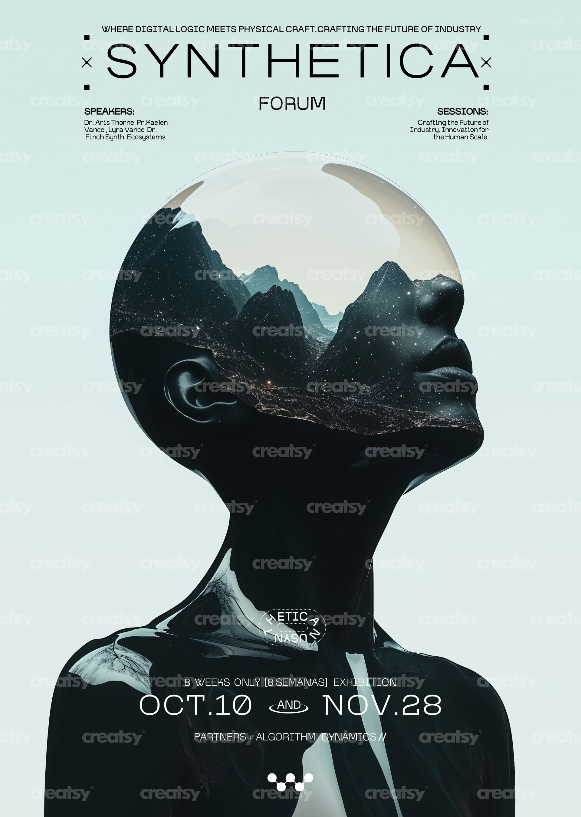 PSD mockup poster showing a stylized profile of a person with a transparent head filled with mountains, minimalist layout.