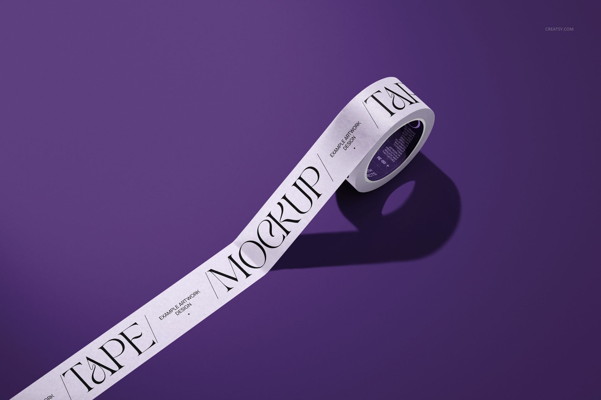 White packaging tape mockup featuring bold black lettering, displayed diagonally on a purple surface.
