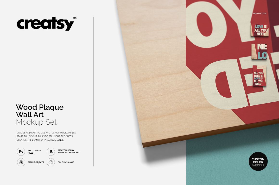 Front view of a rectangular wood plaque wall art mockup with a red and white graphic design on a light wood surface.