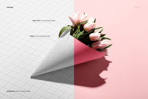 Flower packaging mockup showing a paper cone with pink tulips, half in grid pattern and half in pink, top view.