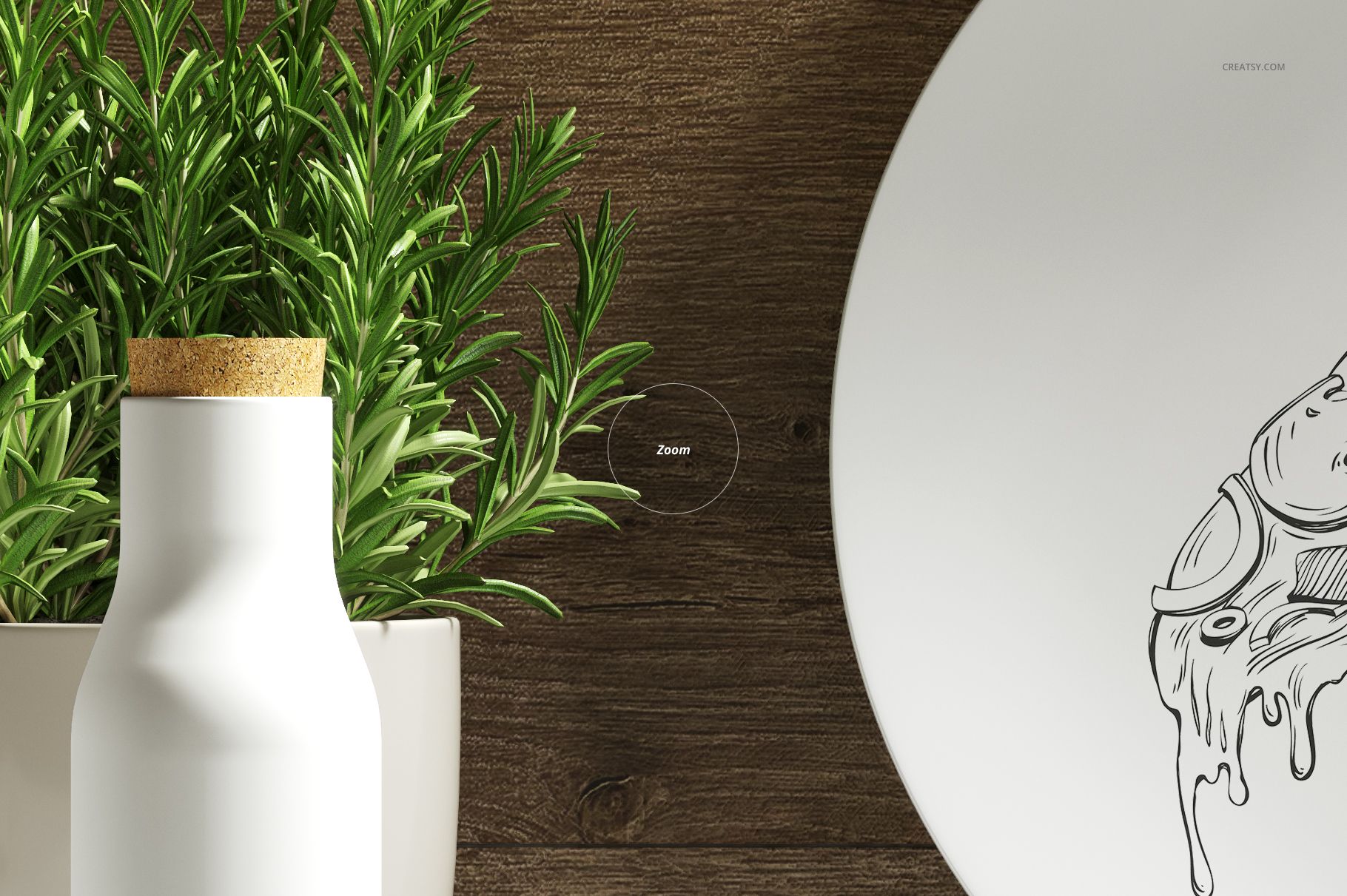 PSD mockup showing a close-up of a decorative plate with black artwork, next to a plant and bottle on a rustic wooden background.