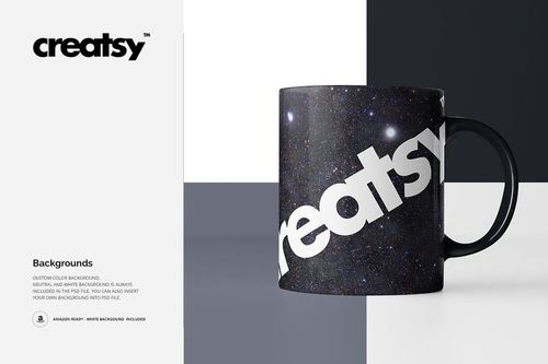 Front view of a mug mockup with a cosmic galaxy design and large white lettering, placed on a geometric background.