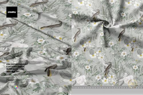 Polyester drapery curtains fabric mockup featuring a gray background with floral and bird patterns, shown in various folded and flat views.