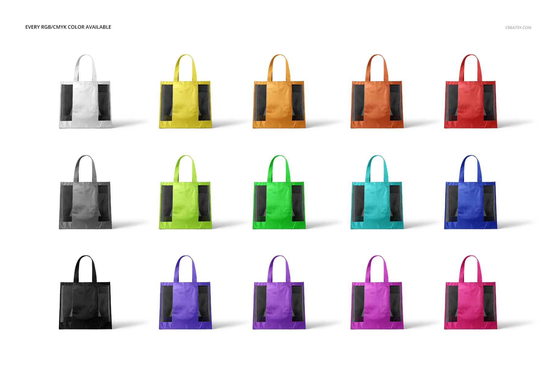 Front-facing mesh tote bags mockup set featuring vibrant colors and black mesh accents, organized in four rows.