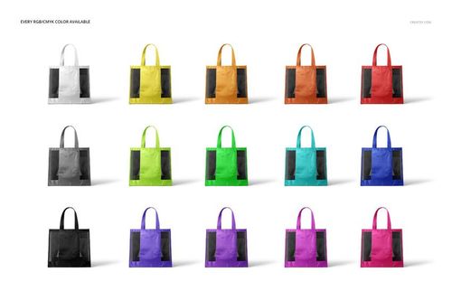 Front-facing mesh tote bags mockup set featuring vibrant colors and black mesh accents, organized in four rows.
