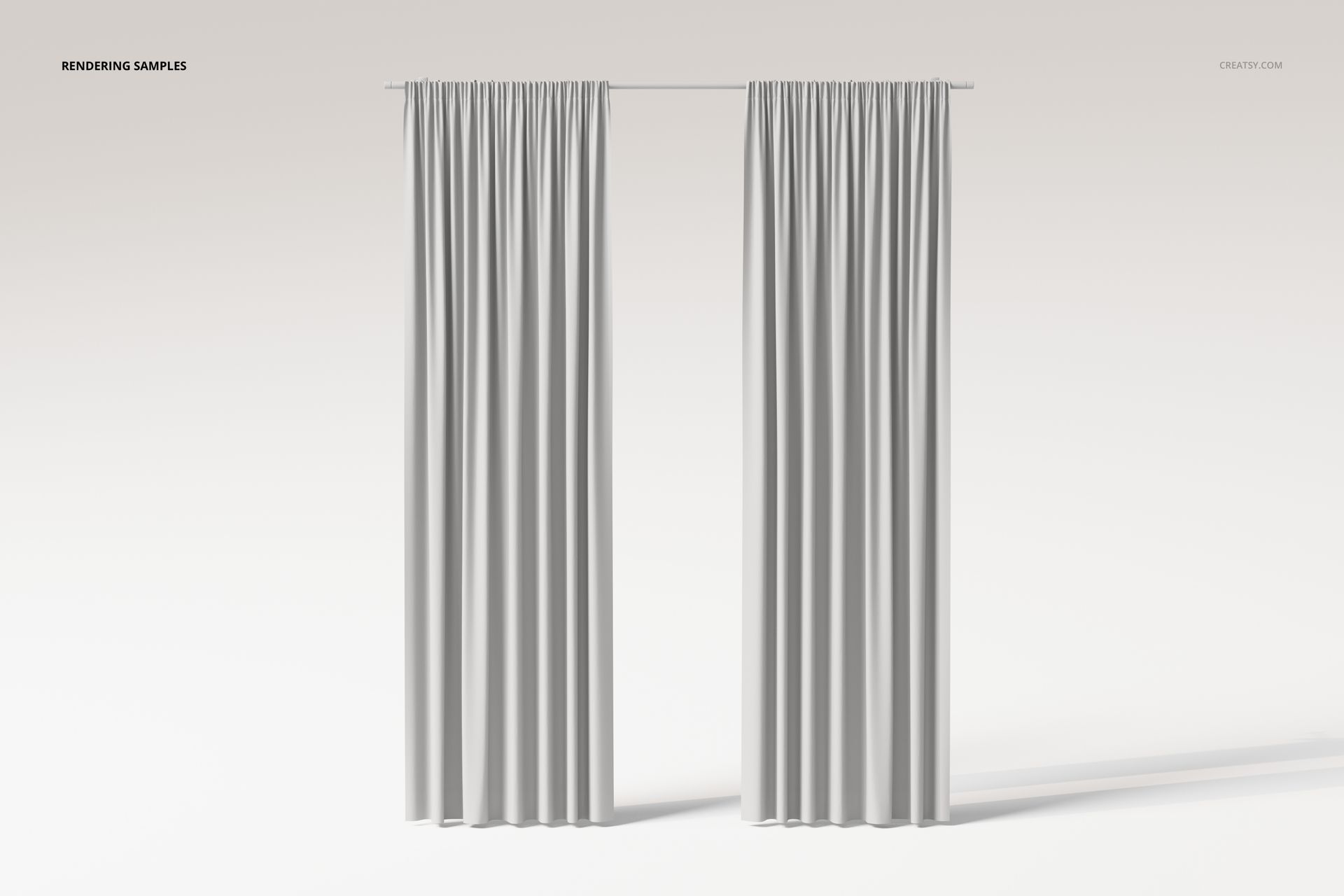 Front view of two white pencil pleat curtains hanging from a rod against a plain light background.