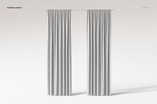 Front view of two white pencil pleat curtains hanging from a rod against a plain light background.
