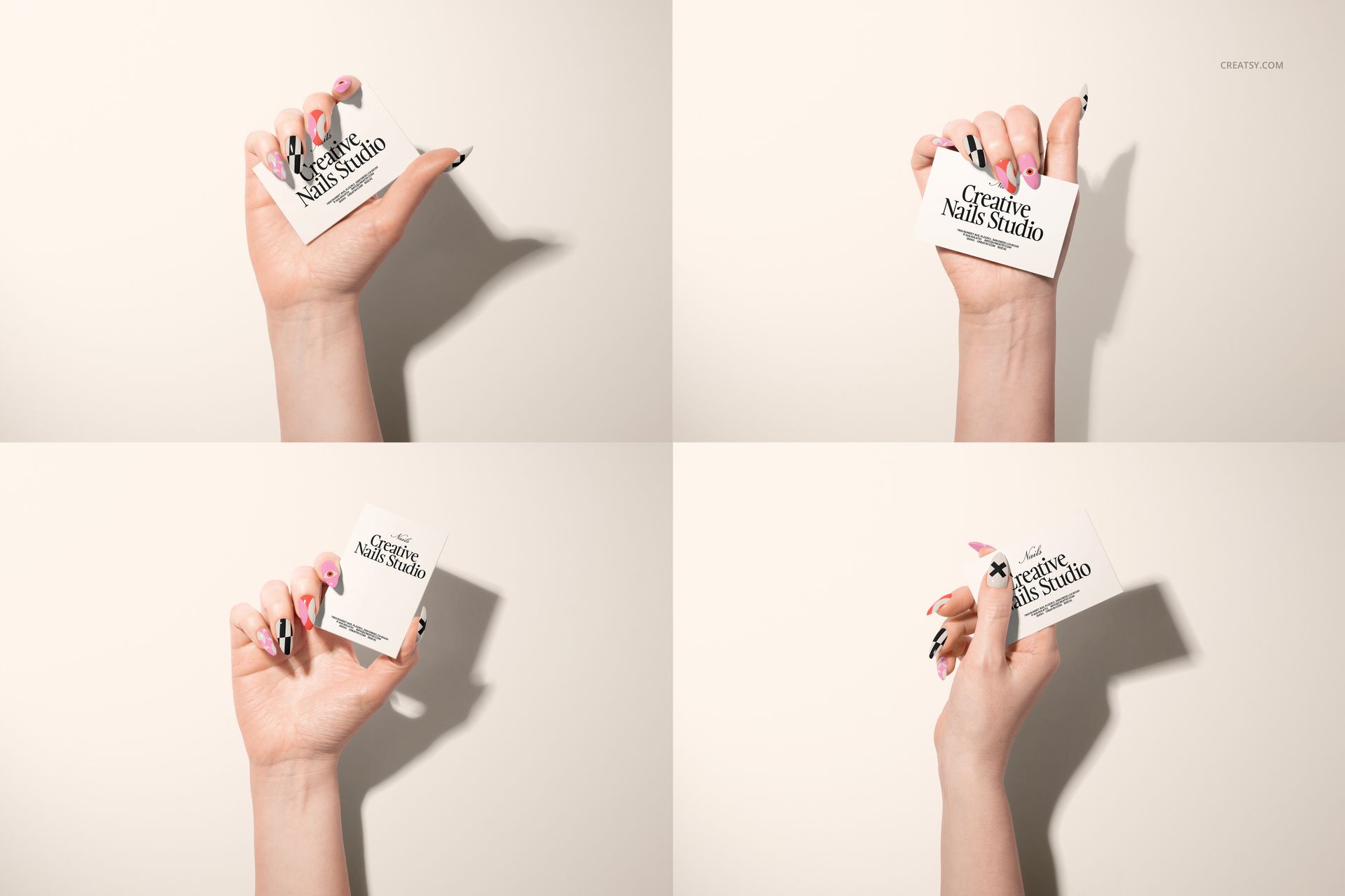 PSD mockup featuring various hand positions with painted nails holding white cards, photographed from above.