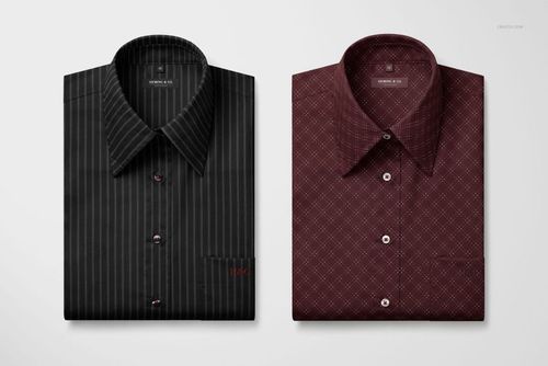 PSD mockup of two folded point-collar shirts, one black striped and one maroon patterned, arranged on a light background, top perspective.