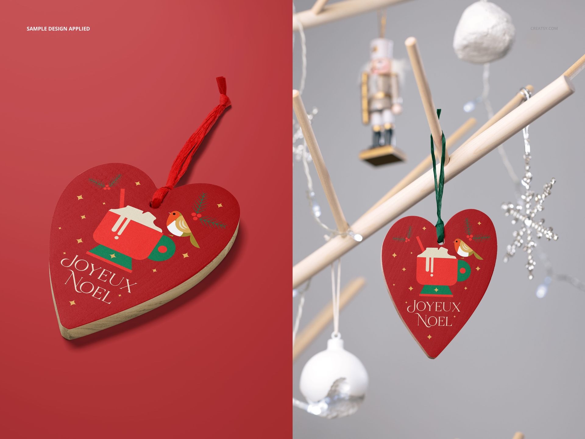 Red heart wooden ornament mockup featuring holiday graphics and Joyeux Noel text, displayed on a decorative branch.
