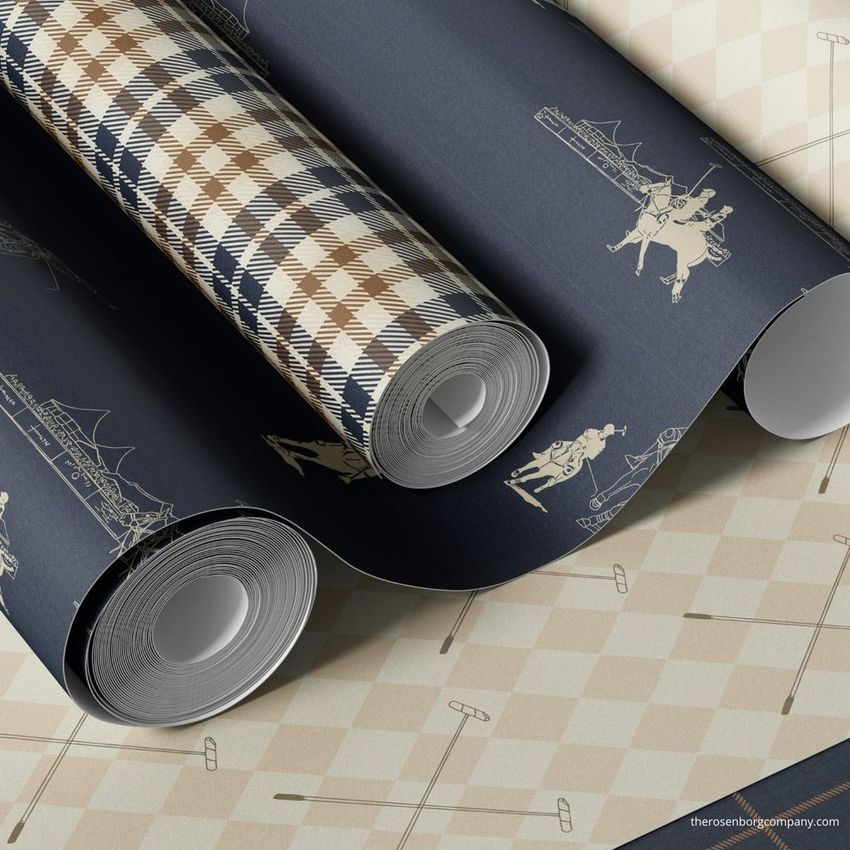 Paper wallpaper mockup featuring rolled sheets with polo-themed illustrations and plaid patterns in navy, beige, and cream tones.
