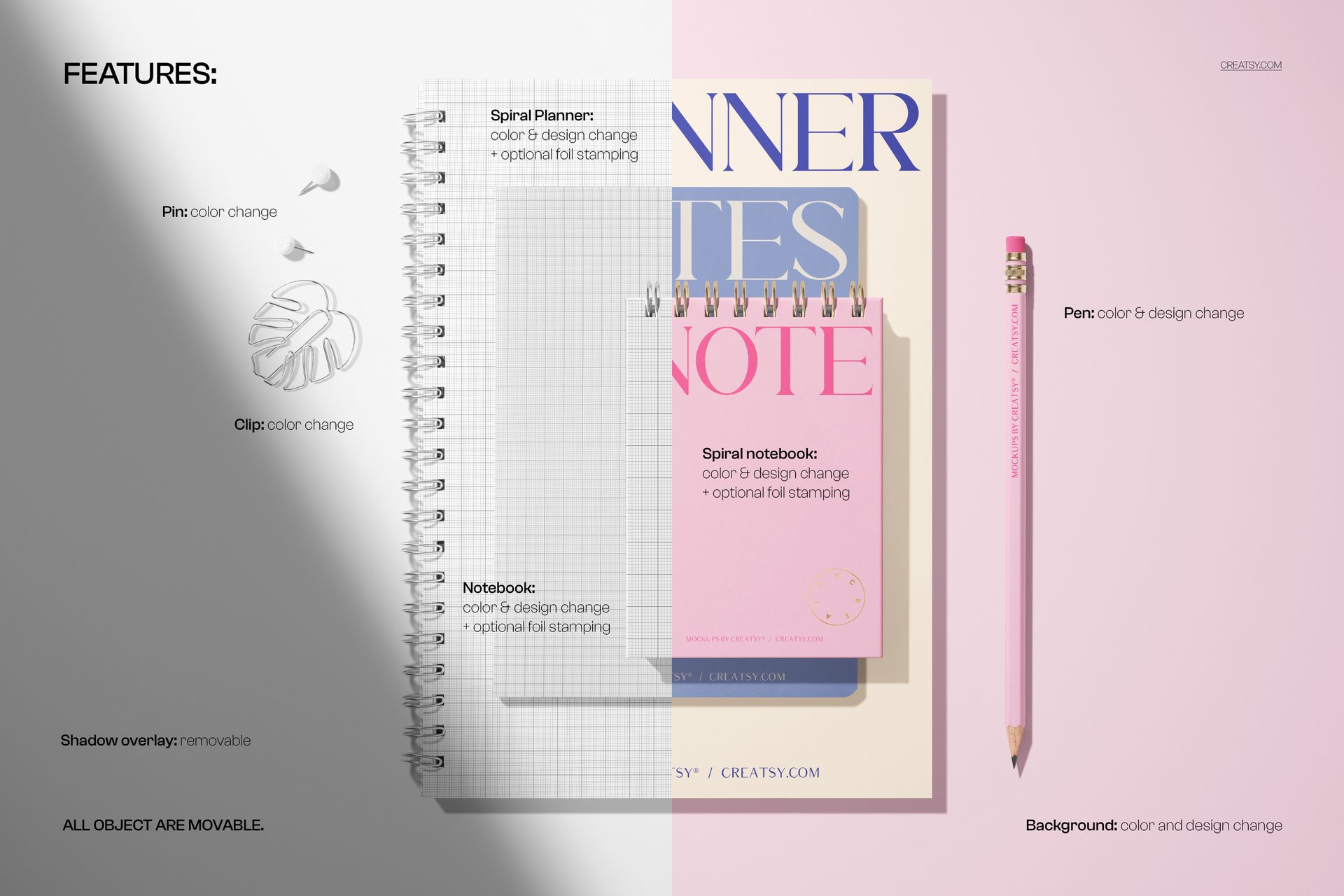 Spiral notepad planner and notebook mockup showing three stationery items and a pink pencil on a split gray and white background.