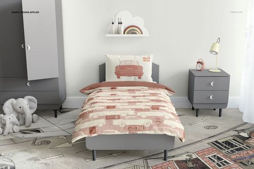 Kids bedding mockup featuring a bed with car-themed duvet and pillow in a modern children's room with gray furniture.