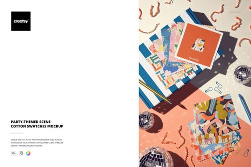 Party-themed mockup featuring patterned cotton swatches displayed on a desk with confetti, disco balls, and striped props.