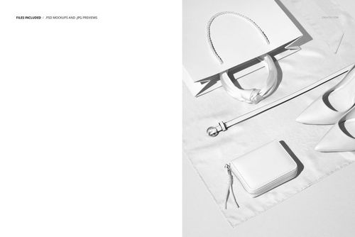 Fashion accessories including a silk scarf, leather goods, and paper bag displayed in a minimal monochrome mockup scene.