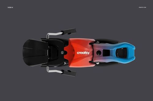 Top view of a ski binding mockup with a gradient blue and red design on a dark gray background, showing detailed parts.