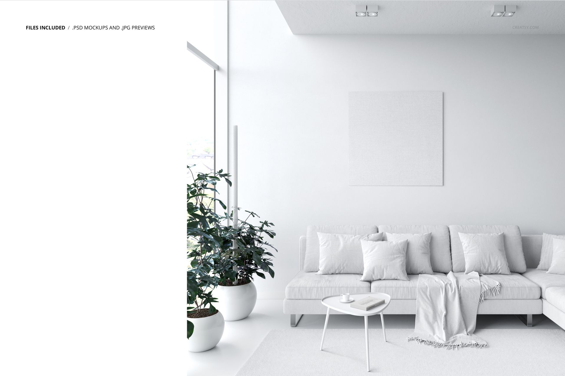 Modern living room sofa mockup featuring a light-colored sofa with cushions, blanket, and small table in front view.
