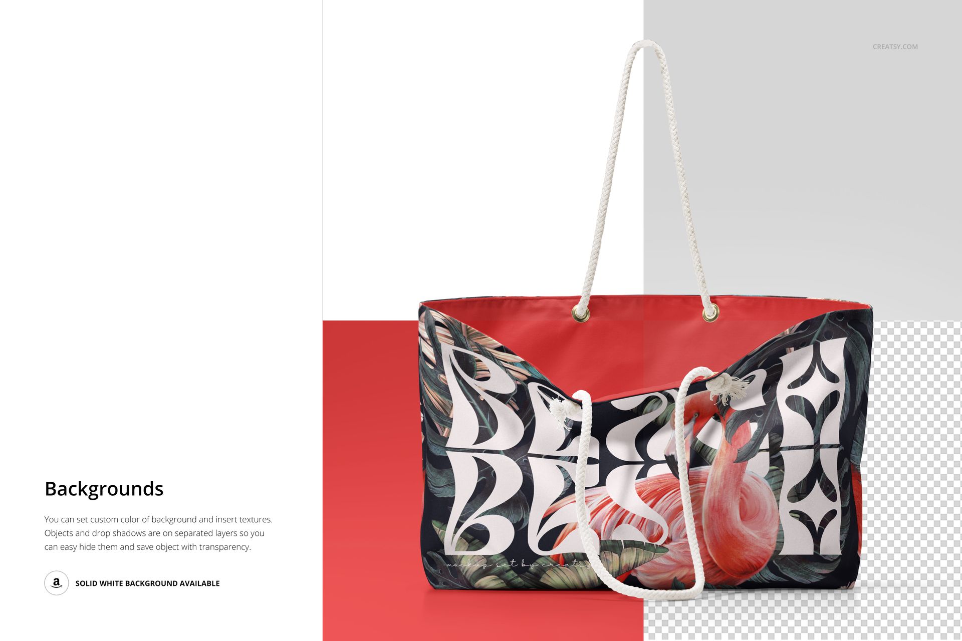 Weekender bag mockup with tropical leaf and flamingo pattern, shown from the front on a color-blocked background.
