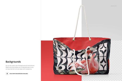 Weekender bag mockup with tropical leaf and flamingo pattern, shown from the front on a color-blocked background.